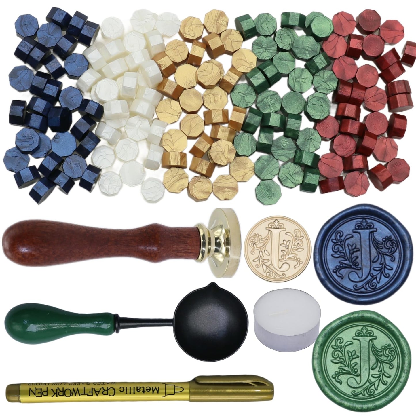 Initial Alphabet Wax Seal Stamp Kit, Retro Letter Sealing Stamp with 150Pcs Sealing Wax Beads Spoon Pen Set for Wedding Invitations Cards Envelopes (J)