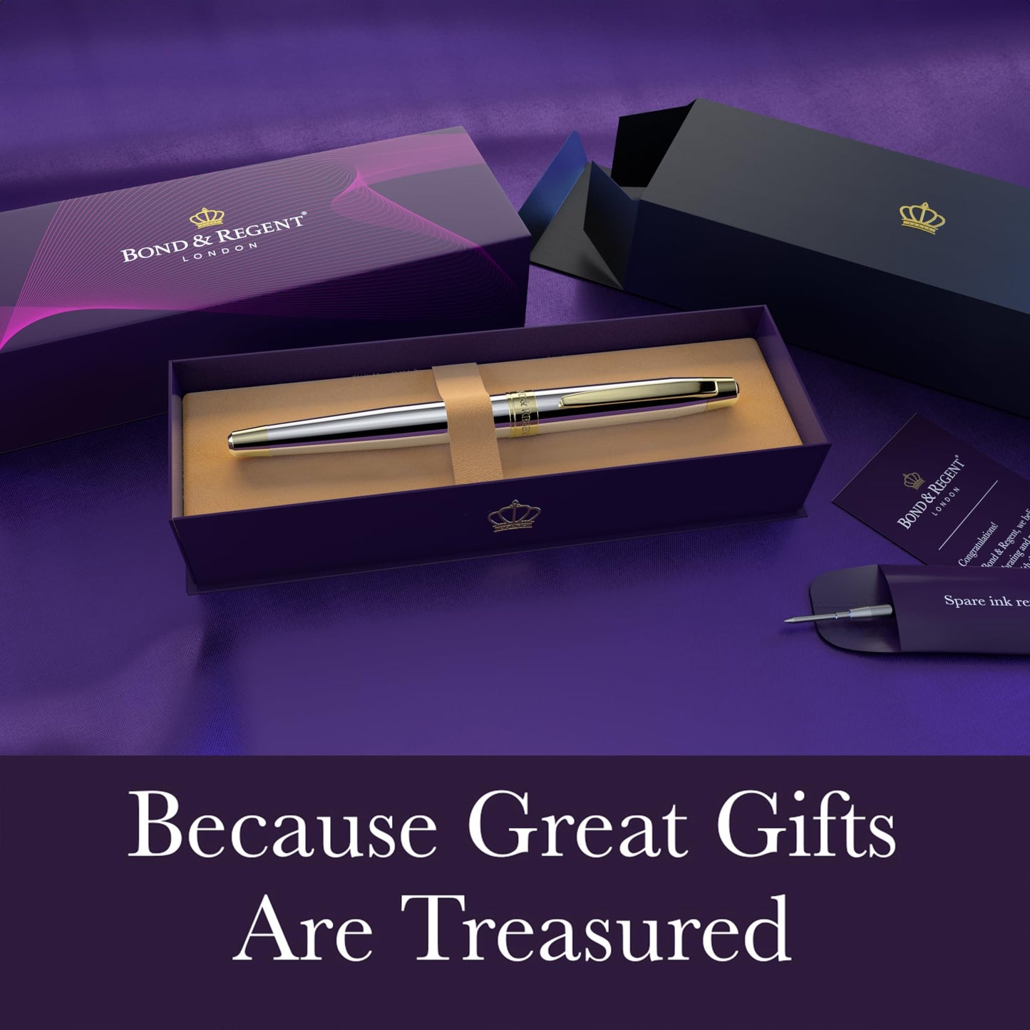 Bond & Regent 24 Karat Gold Luxury Rollerball Pen - Fancy Executive Professional Writing Gift Set for Men & Women, Nice Pens, Silver Chrome