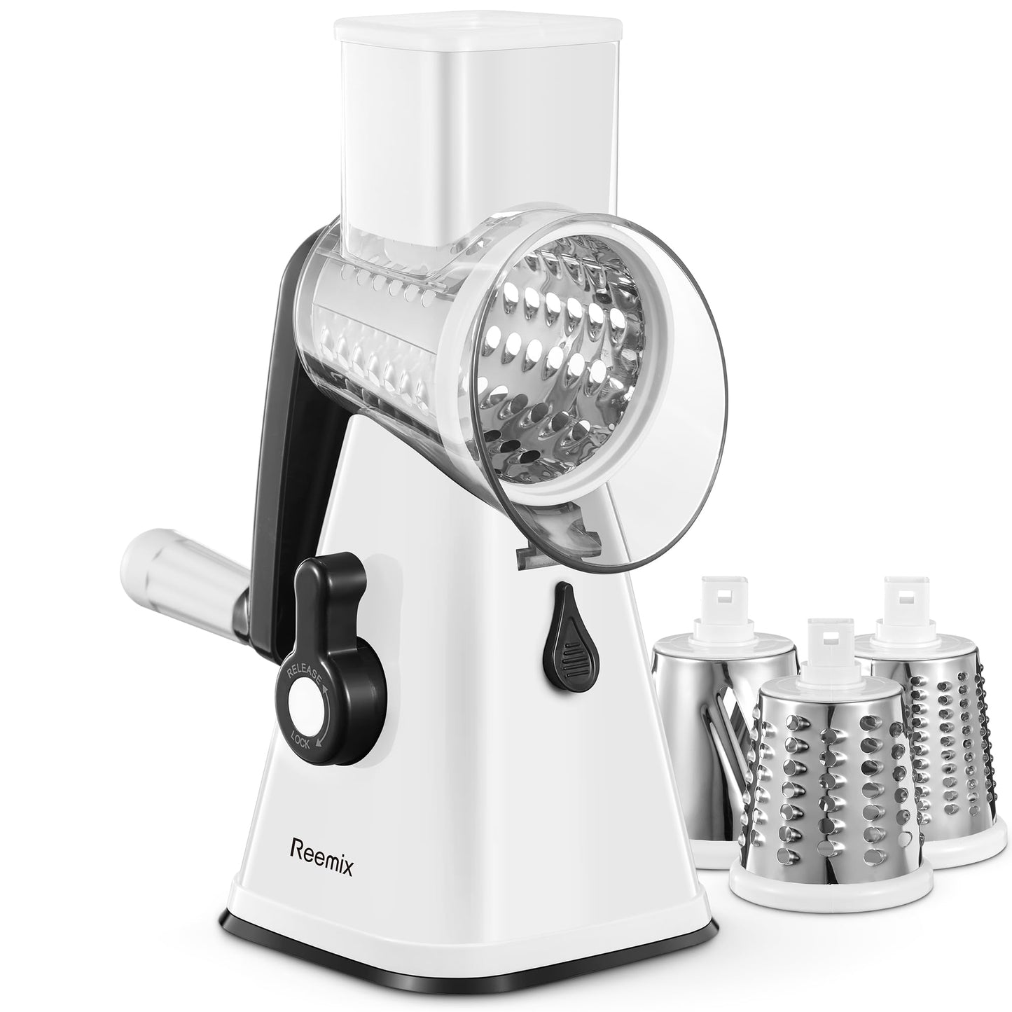 Rotary Cheese Grater with Handle, Reemix Vegetable Cheese Shredder Slicer Grater for Kitchen 3 Changeable Blades for Cheese Potato Zucchini Nuts Chocolate (White)