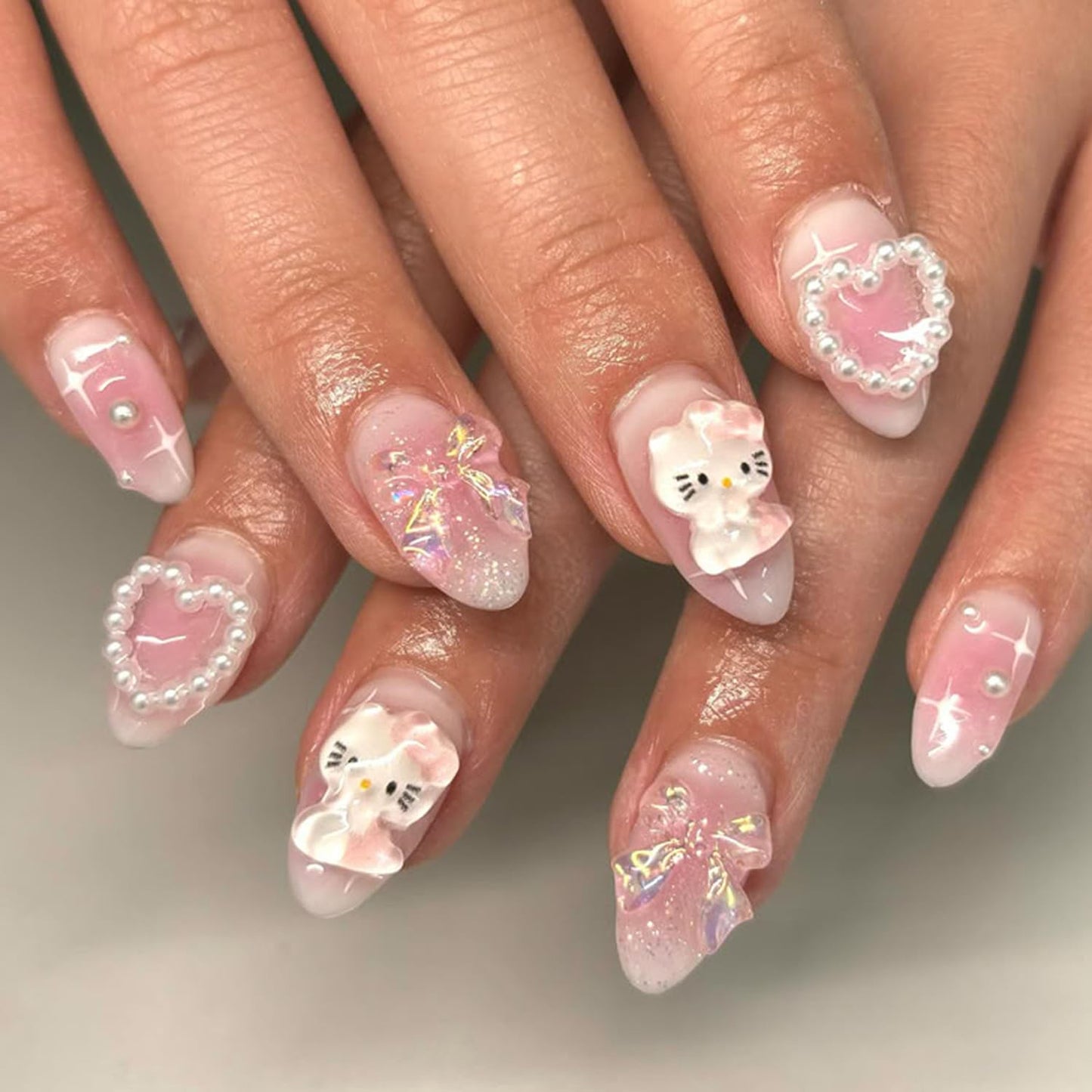 24Pcs Pink Press on Nails Medium Almond Fake Nails Charms Pearl Design French Nails 3D Bow Heart False Nails Tips Cute Star Stick on Nails Full Cover Artificial Acrylic Nails for Women Decor