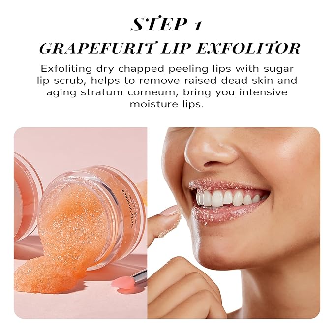 Hydrating Lip Mask & Lip Scrub Set, Lip Overnight Treatment For A Softer & Smoother Pout, Lip Exfoliator Scrub and Moisturizer Set With Grapefruit, Non-Sticky, Vegan & Cruelty-Free
