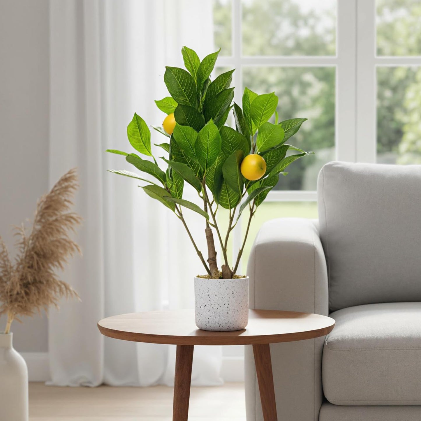 Garvee 2 Pack Artificial Lemon Branch Fake Plants, 19.7" Faux Green Bonsai Tree with White Marble-Look Pot with Black Speckles, Cement Moss Base, Decorative Artificial Plants Indoor for Home & Office