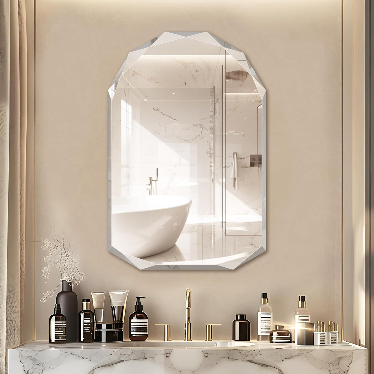 Bathroom Mirror for Wall, 24" x 36" Arched Mirror, Bathroom Vanity Mirror, Beveled Edge Frameless Wall Mount Vanity Mirrors, Wall Mirrors Decorative, Irregular Beveled Edge Mirror