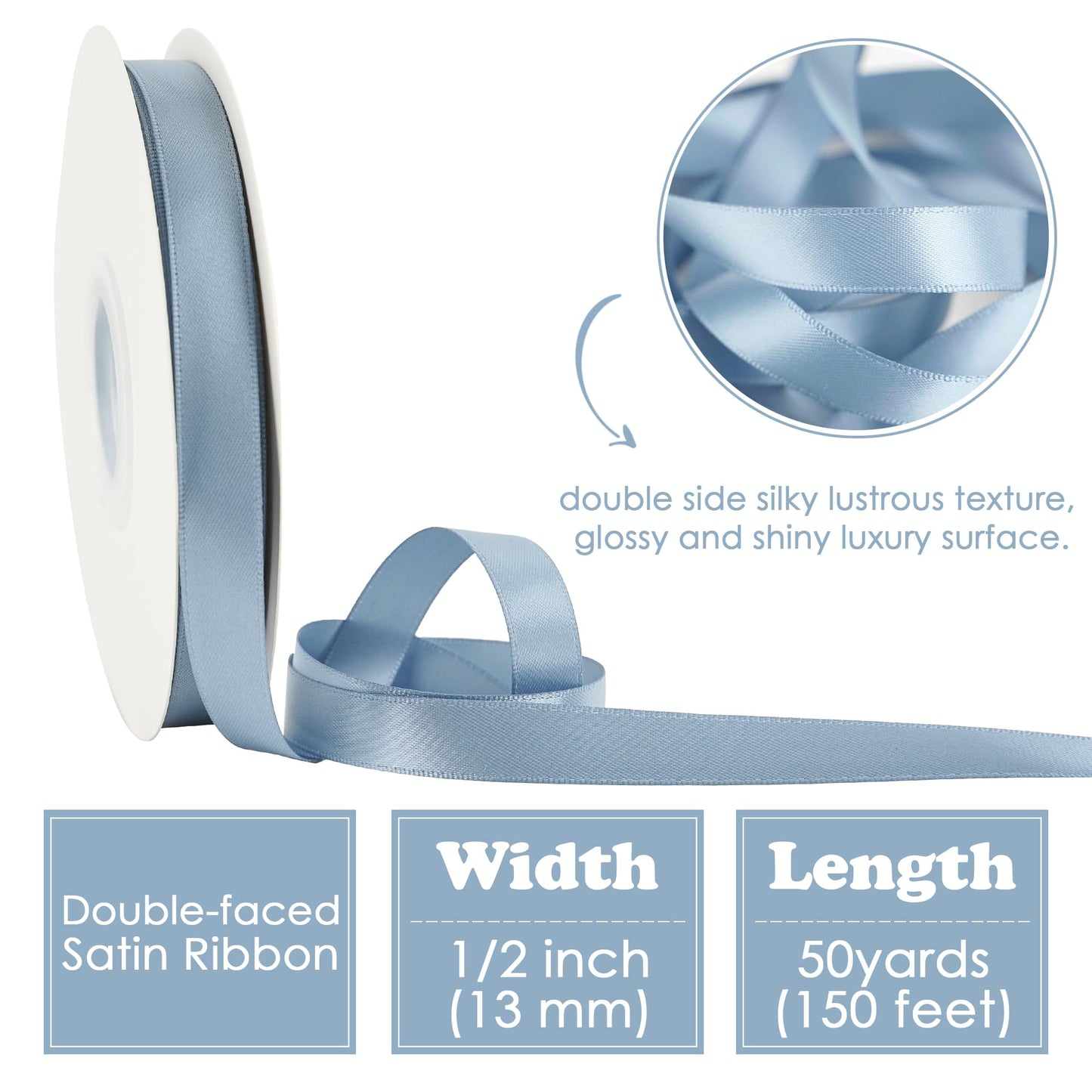 HUIHUANG Dusty Blue Satin Ribbon 1/2 inch X 50 Yards Continuous, Blue Double-Faced Satin Ribbon for Gift Wrapping, Bows, DIY Crafts, Flower Bouquet, Bridal Wedding Decor, Flower Crowns Decor