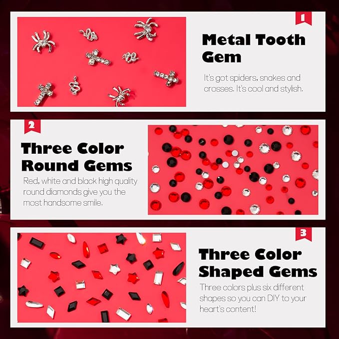 WATRZ Teeth Gem Kit,Tooth Gems Kit for Teeth DIY Crystals Tooth gem Jewel for Girls Y2K Fashionable Butterfly Love Cross Spider for Boys Harmless (Black)