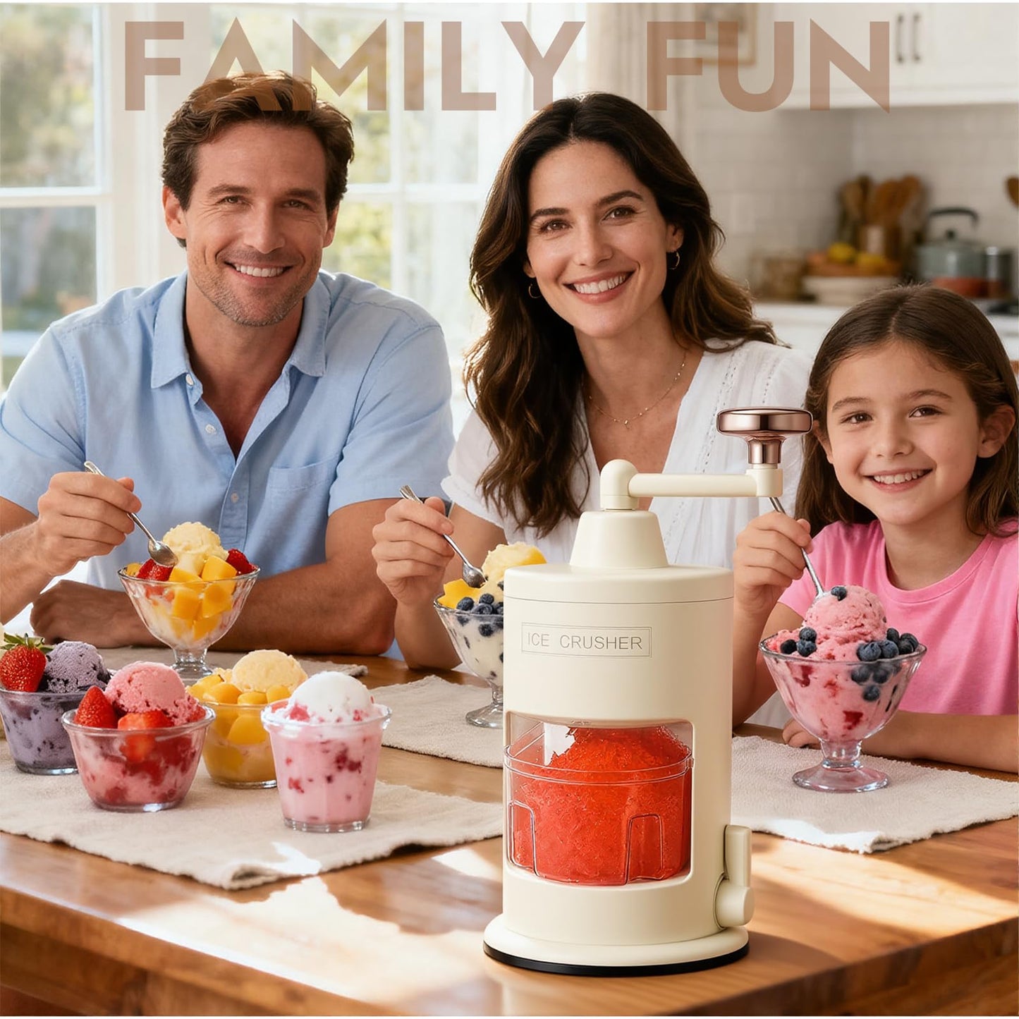 Manual Ice Shaver Hand Crank Ice Crusher - Dual Base (Vacuum Suction & Non-Slip Ring), Food Grade Snow Cone Maker (Vacuum suction cup)