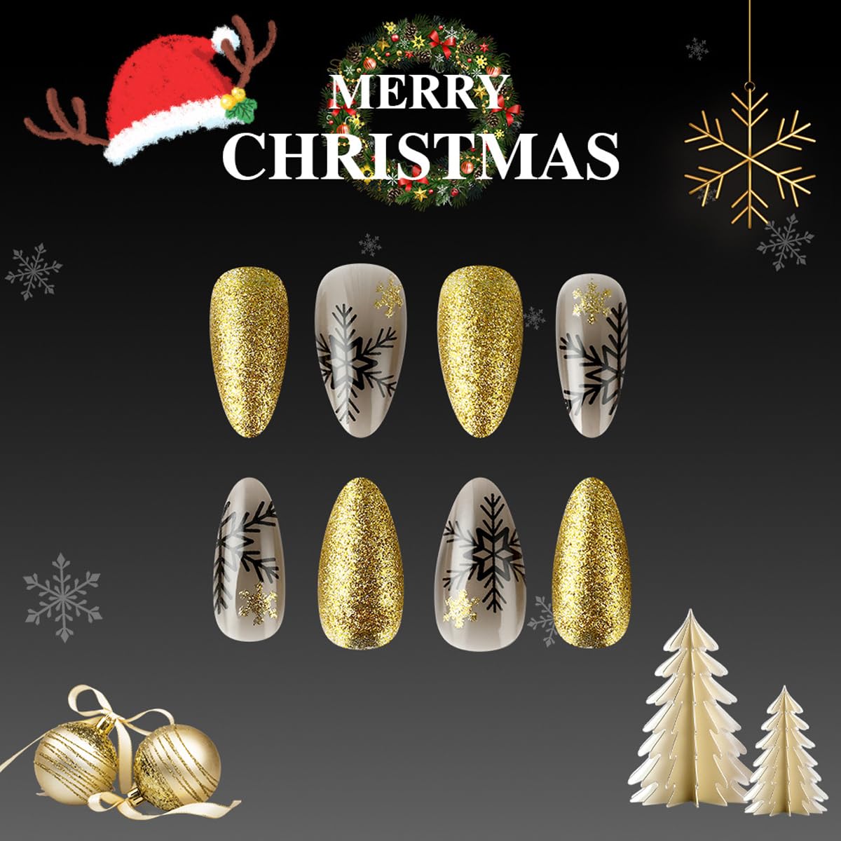 Christmas Press On Nails Medium Almond Fake Nails Snowflake With Gradient Design Xmas Glue On Nails Winter Glue On Nail Acrylic Artificial Stick On Nails For Women Manicure 24pcs
