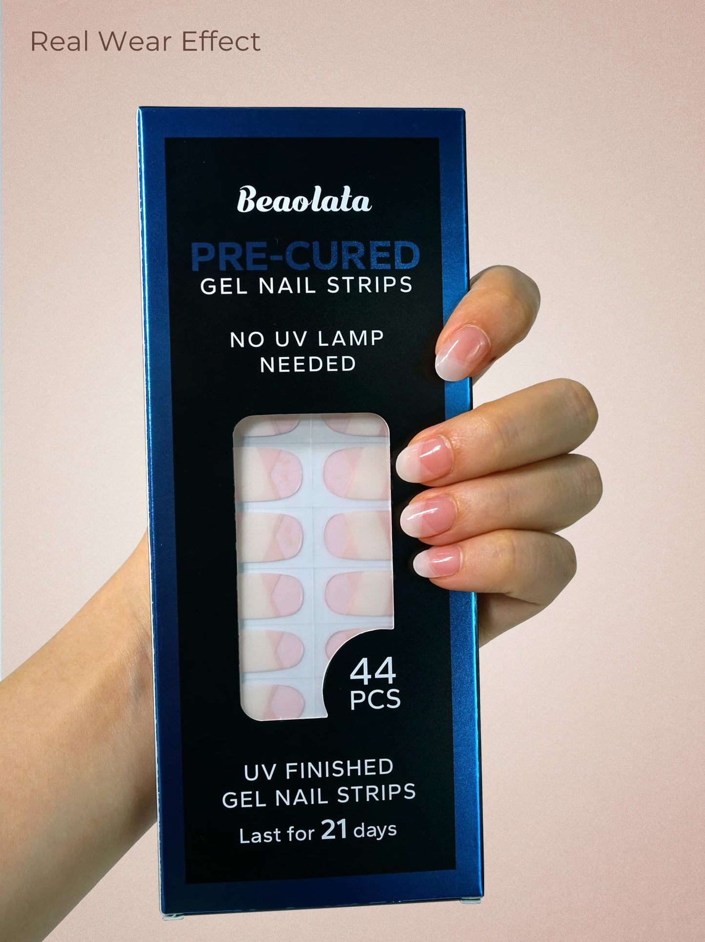Beaolata Real Gel Nail Strips (No UV Light Needed) - 44Pcs Salon Quality Nail Stickers - Long Lasting Polish Wraps for Women, Easy Apply & Remove (Chic Pink）