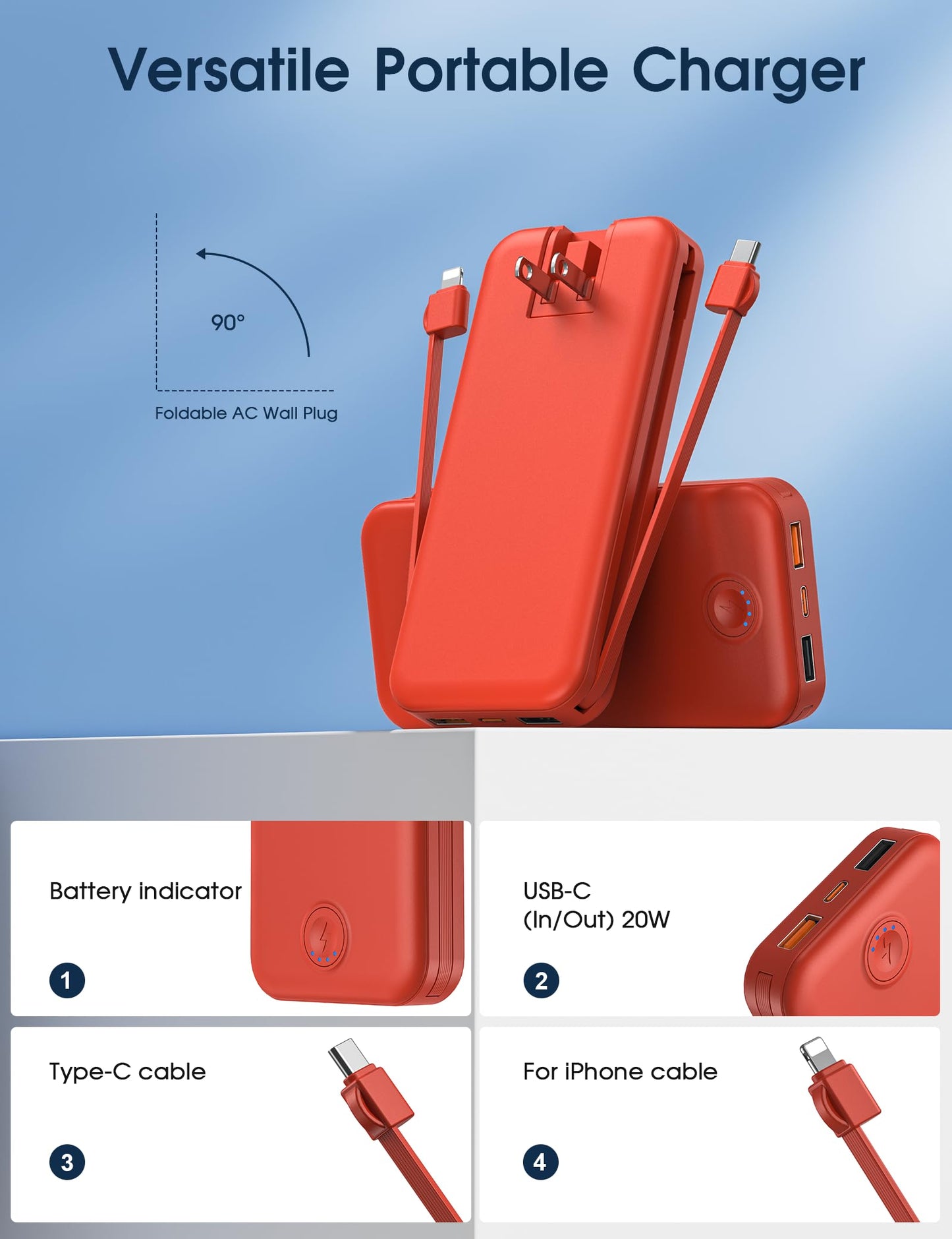 Nusyddy Portable Charger, 10000mAh PD20W Fast Charging Power Bank with Built-in Cables & Wall Plug, Travel Essentials External Battery Pack, USB C Battery Phone Charger for iPhone, iPad, Samsung Red
