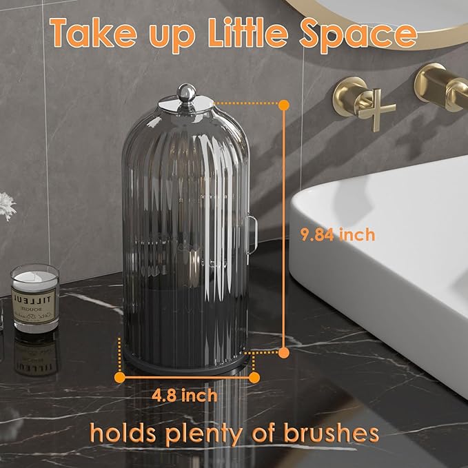 Makeup Brush Holder with Lid 360 Rotating Clear Dustproof Make Up Organizers for Vanity Bathroom Countertop, Black