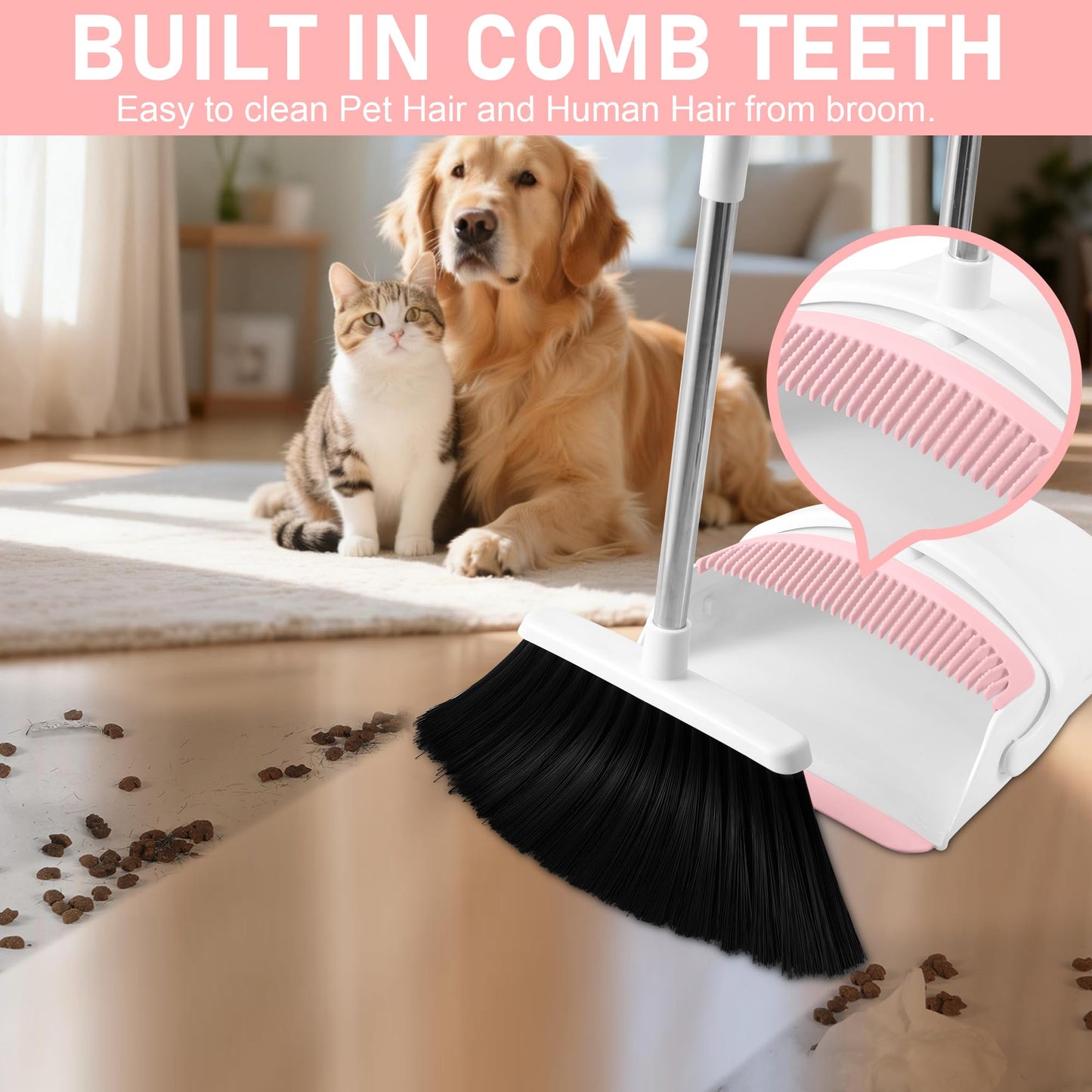 Broom with Dustpan Combo Set for Home 52-in Long Adjustable Handle Angle Broom and Dustpan Set with Dustpan Comb Teeth for Sweeping Pet Hair Food Dirt Kitchen