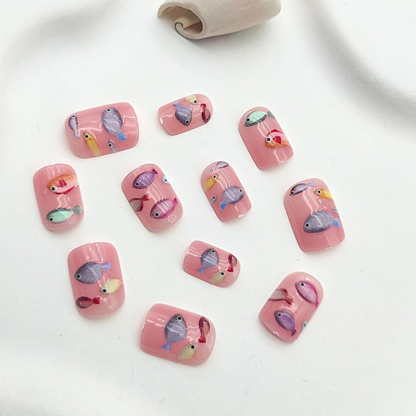 Square Press on Nails Short Fake Nails with 3D Colorful Fish Designs Nails Press ons Pink Glue on Nails Cute Artificial Nails Glossy Acrylic Nails Summer Stick on Nails for Women 24Pcs