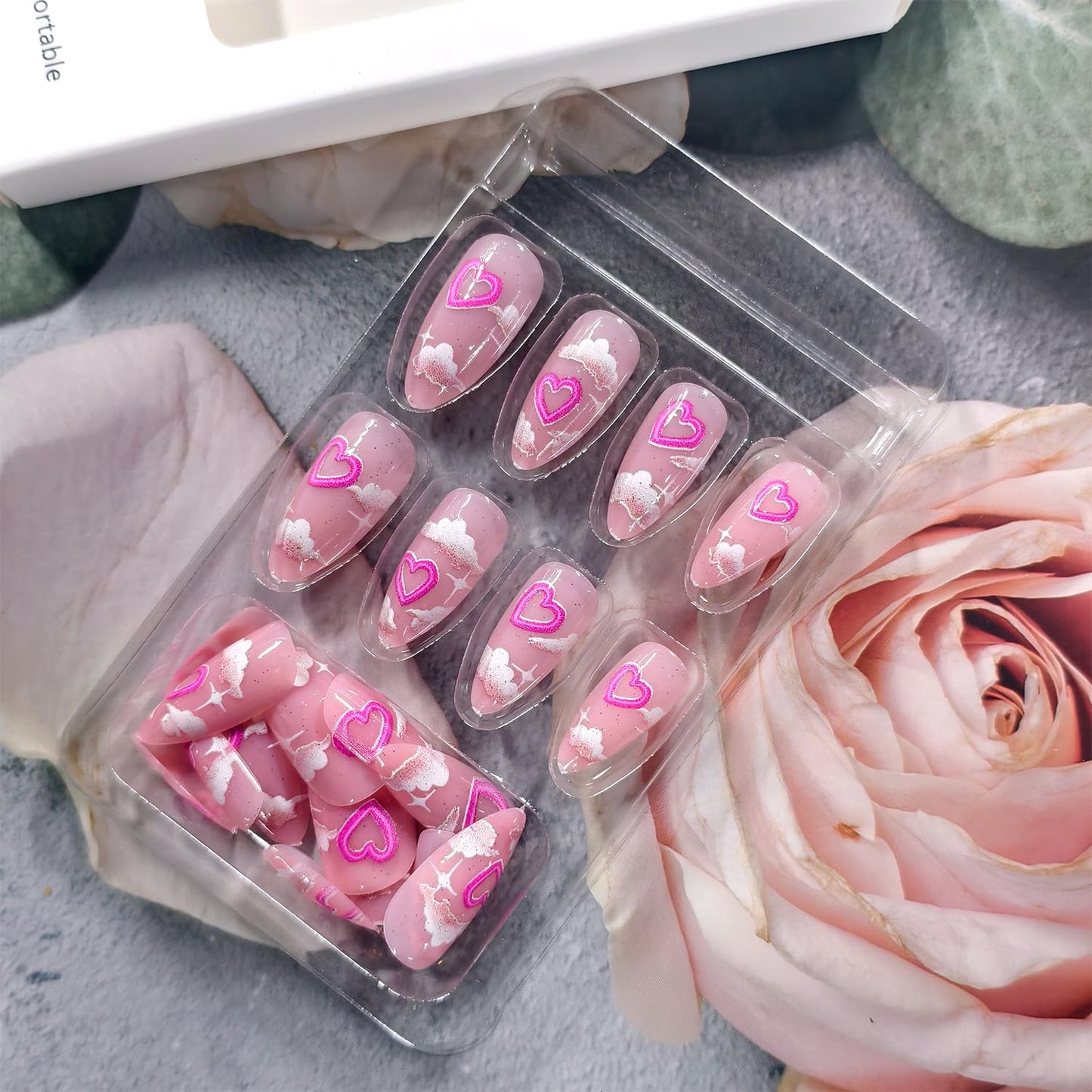 Heart Press on Nails Short Almond Artificial Acrylic Fingernails Translucent Pink Love with Irregular Clouds Full Cover Glossy Valentines Glue on Nail Artificial Nail for Women Festival Manicure