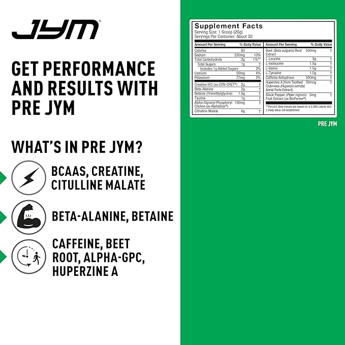 JYM Supplement Science Pre JYM Pink Lemonade Pre Workout Powder for Men & Women, BCAAs, Nootropics, Creatine HCI, Citrulline, Beta-Alanine, Betaine, Taurine, Huperzine, 30 Servings