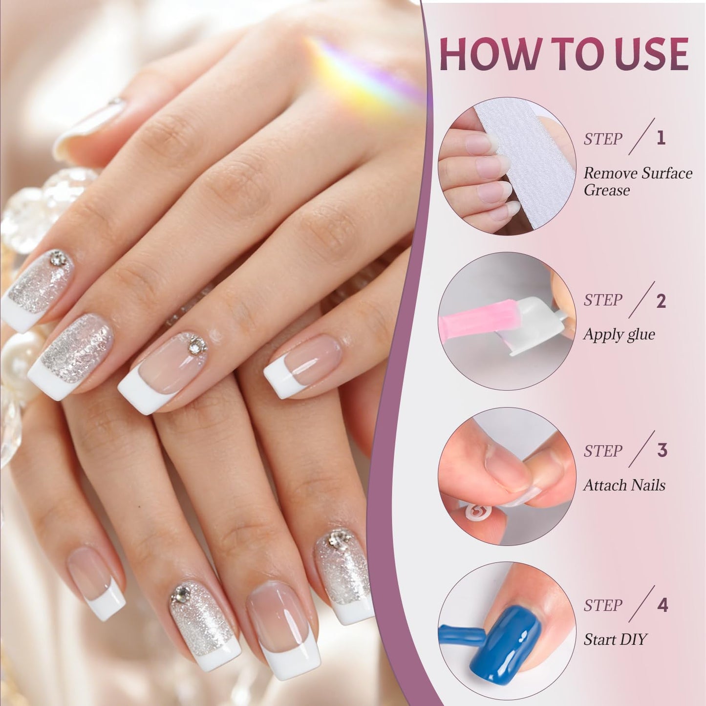 Ranrose 600PCS Short French Style False Nails Half Cover Nails Tips,White Short Acrylic Extension Finger Nail 12 Sizes with Box