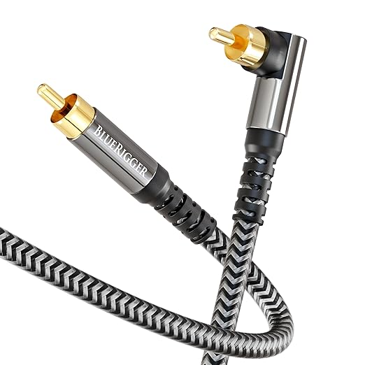 BlueRigger Subwoofer Cable 90D (50FT, RCA Audio, Dual Shielded, Gold Plated, Right Angled Male RCA Connectors) – Compatible with Subwoofer, Amplifier, Home Theater