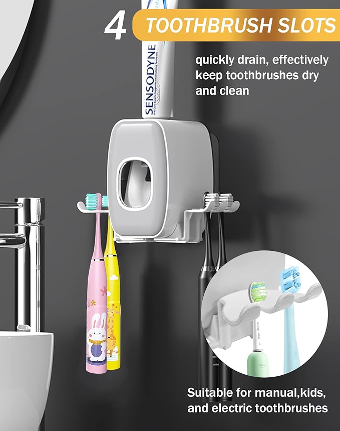WAYCOM Toothpaste Dispenser Bathroom Accessories, 2 Cups Toothbrush Holder Wall Mounted Bathroom Decor Smart Home Products Tooth Brushing Holder with Automatic Toothpaste Dispenser Bathroom Organizer