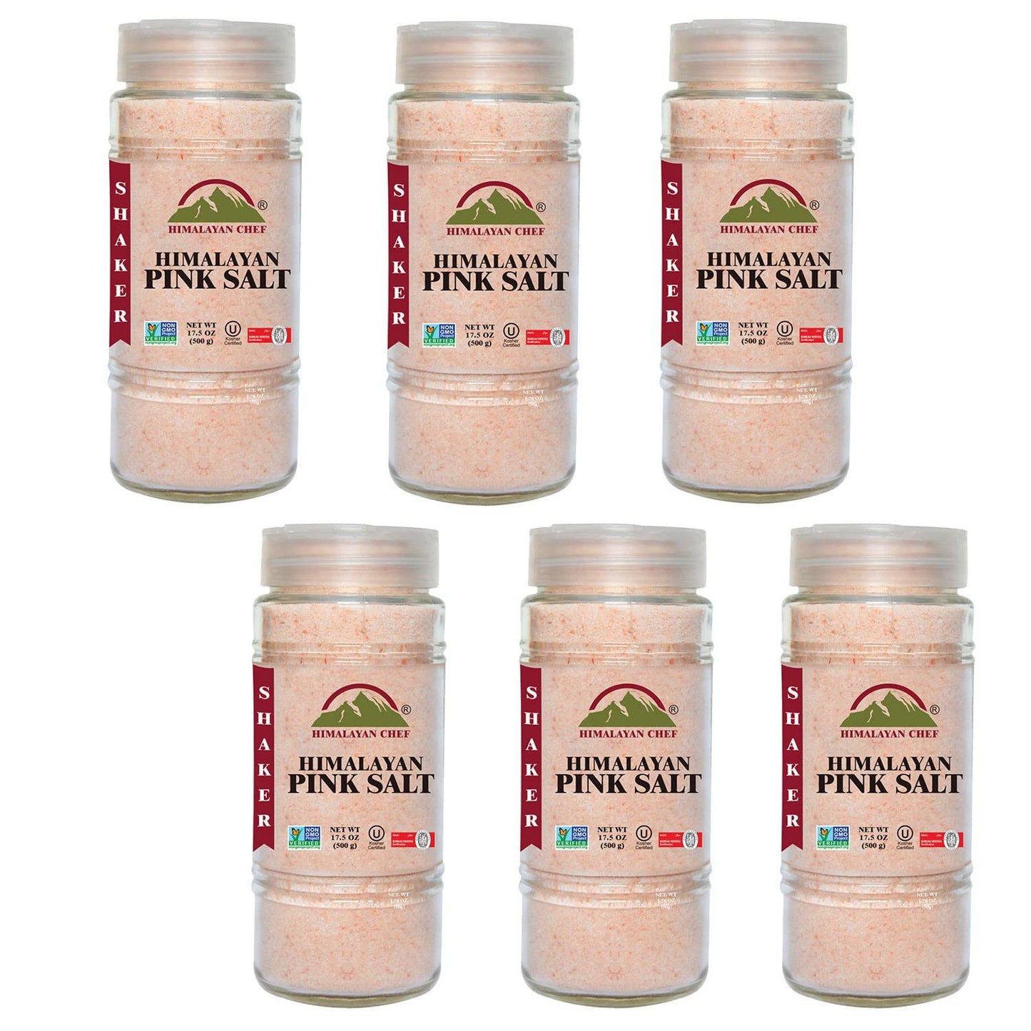 Himalayan Chef Himalayan Salt, Fine Glass Shaker - 6 Pcs, Pink, Glass Shaker (105 oz), 1.1 Pound (Pack of 6)