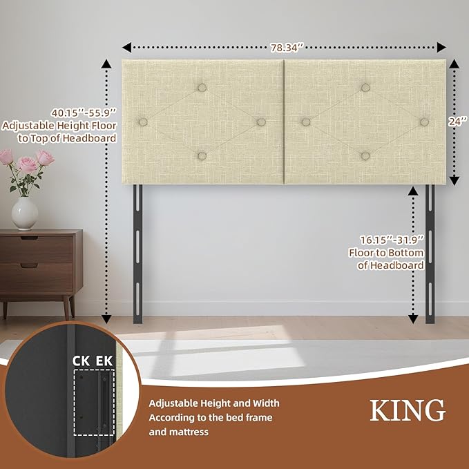 Upholstered King Size Headboard, Linen Fabric Headboard with Solid Wood & Sturdy Metal Legs, Adjustable Height Bed Headboards King Tufted in Modern Button Design, Linen