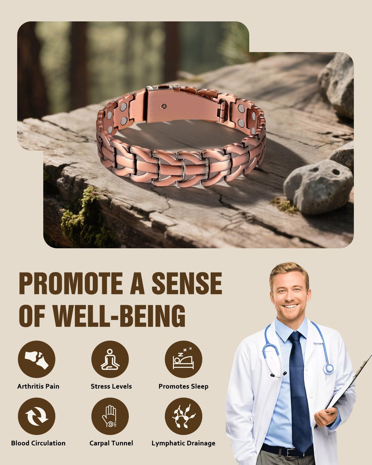 Jecanori Pure Copper Bracelet for Men, 2X Strength Magnetic Bracelets for Men with Fold-Over Clasp