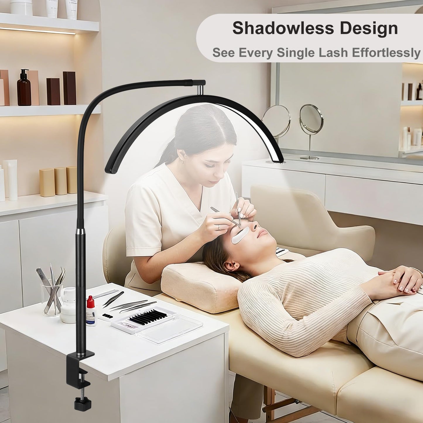 Half Moon Light for Nail Desk - Professional Shadowless LED Manicure Lamp with Clamp, 3 Color Modes & 10 Brightness Levels, Eye-Caring Beauty Lamp for Eyelash Extensions, Tattoo, Estheticians