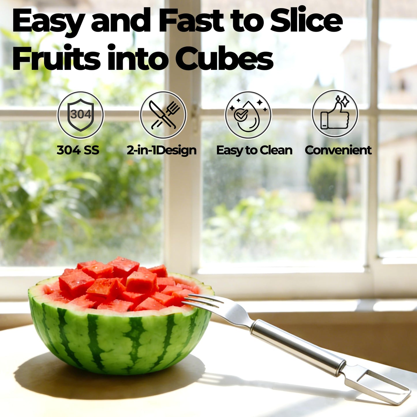 2-in-1 Stainless Steel Fruit Cutter, 2026 New Upgrade Dual Head Watermelon Fork Slicer Cutter Tool, Summer Watermelon Fruit Cutting Home Kitchen Gadgets (2PCS)