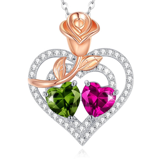 AGVANA August October Birthstone Jewelry Peridot Pink Tourmaline Necklace Sterling Silver Rose Flower Heart Double Birthstone Pendant Necklace Anniversary Birthday Gifts for Women Mom Wife Her
