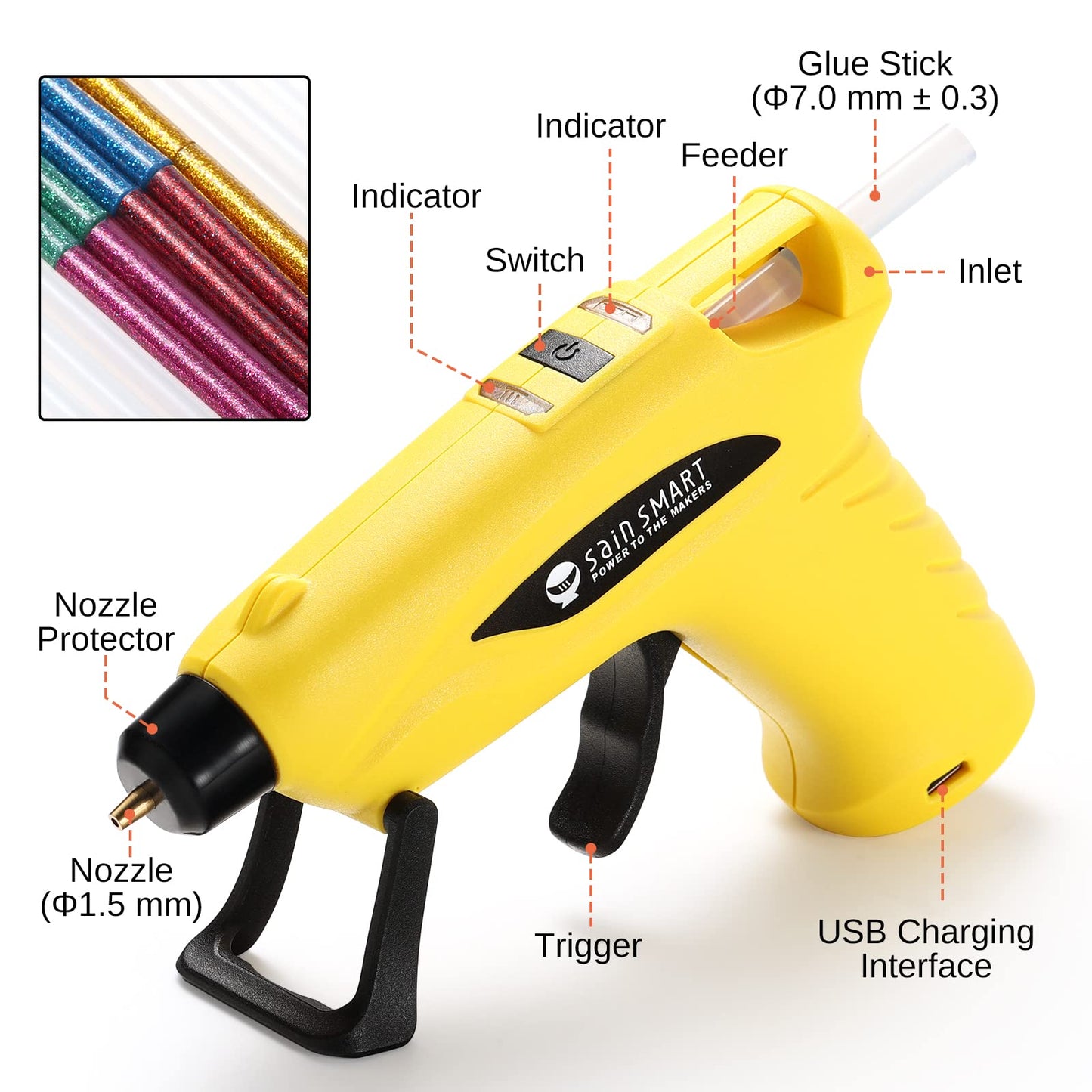 SainSmart Mini Cordless Hot Glue Gun with Anti-Drip Design and 20 Glue Sticks for Christmas Decorations, DIY, Creative Crafts & Arts, and Quick Repairs