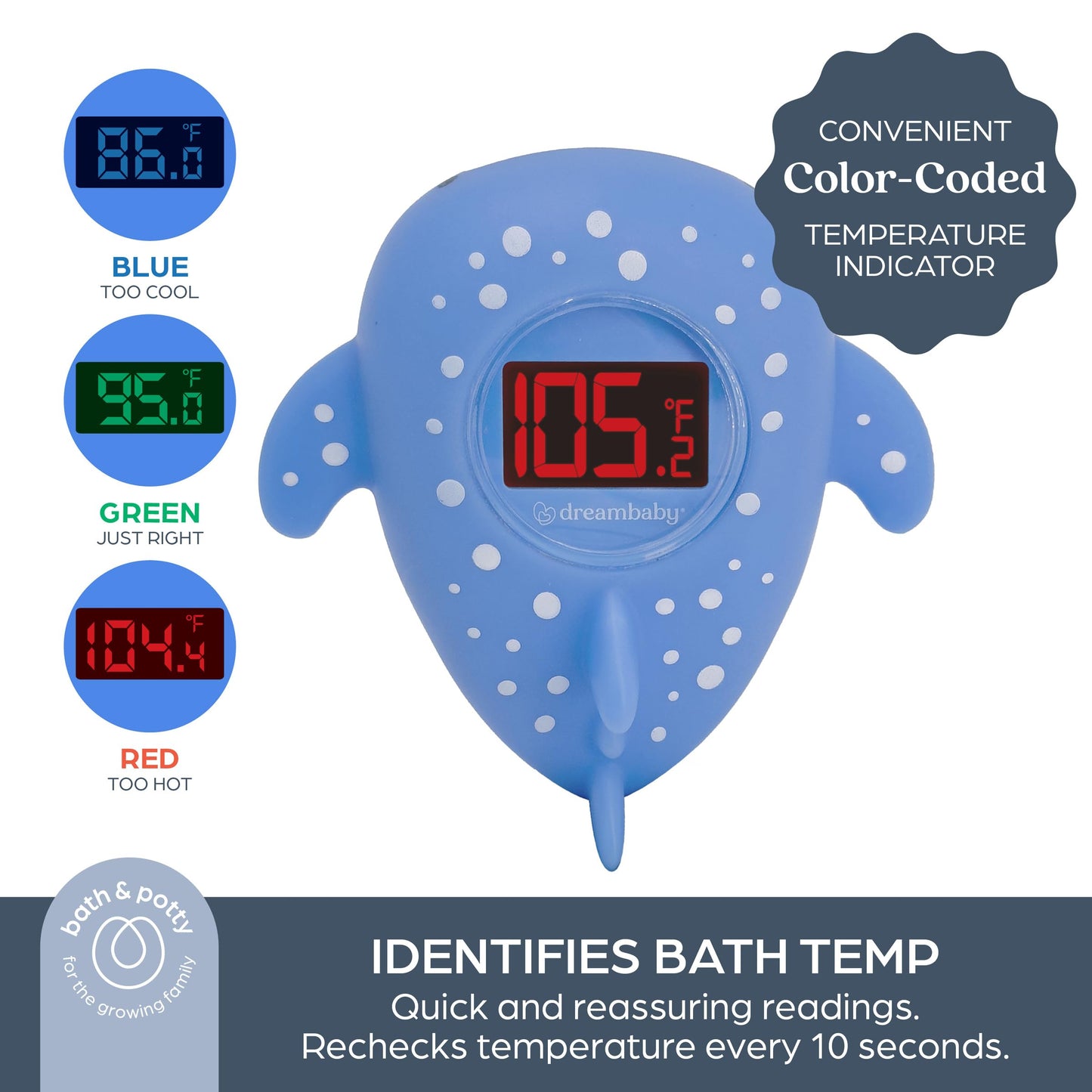 Dreambaby Whale Shark USB Rechargeable Baby Bath Thermometer - Instant Read, Digital Room and Baby Bathtub Water Fun Floating Toy - Newborn Must-Have