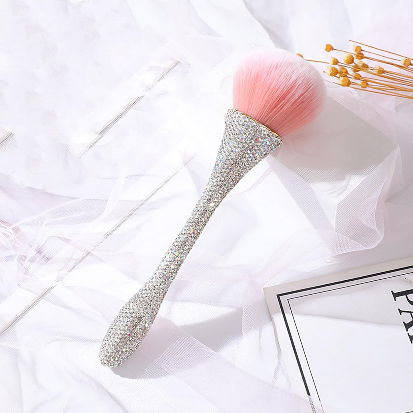 SILPECWEE 1pc Nail Brush for Cleaning Fingernails Inlaid Clear Crystal Nail Art Brush Acrylic Cleaner Remover Brush Nail Dust Brush for Makeup Dip Powder Blush