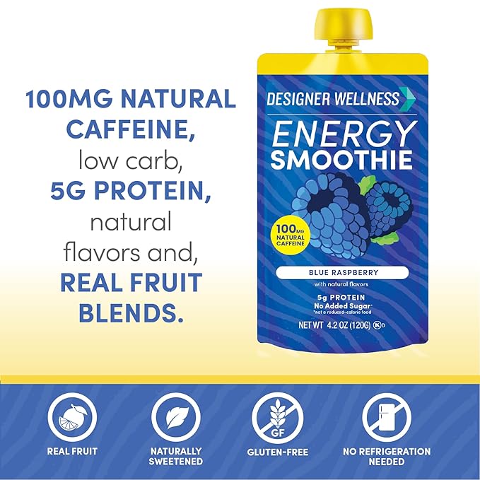 Designer Wellness Energy Smoothie, Real Fruit, 100mg Natural Caffeine, 5g Protein, Low Carb, Zero Added Sugar, Gluten-Free, Blue Raspberry, 12 Count
