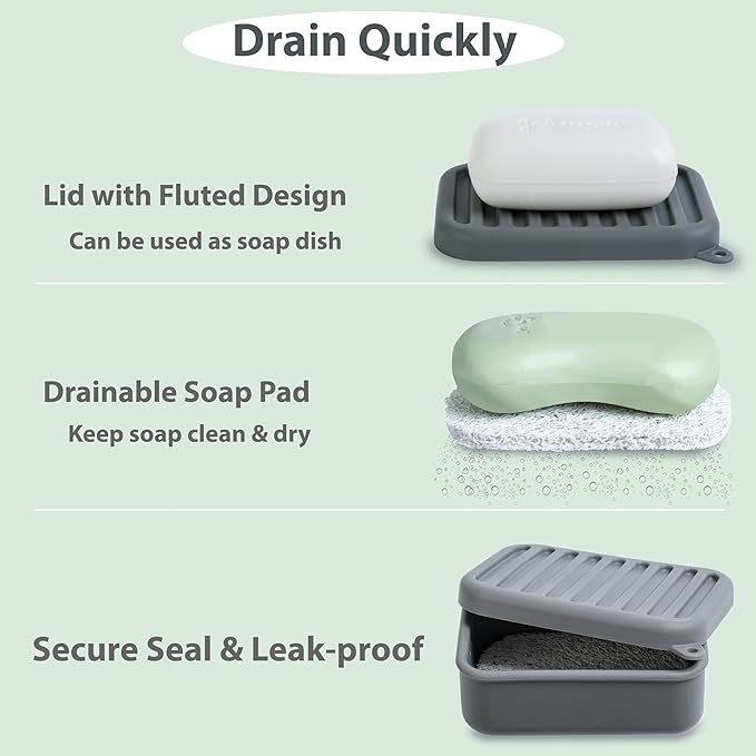 Portable Leakproof Travel Soap Case, Silicone Travel Soap Case, Compact Soap Holder with Drainage Layer, Travel Soap Holder for Camping, Gym, Outdoor (Deep-Gray)