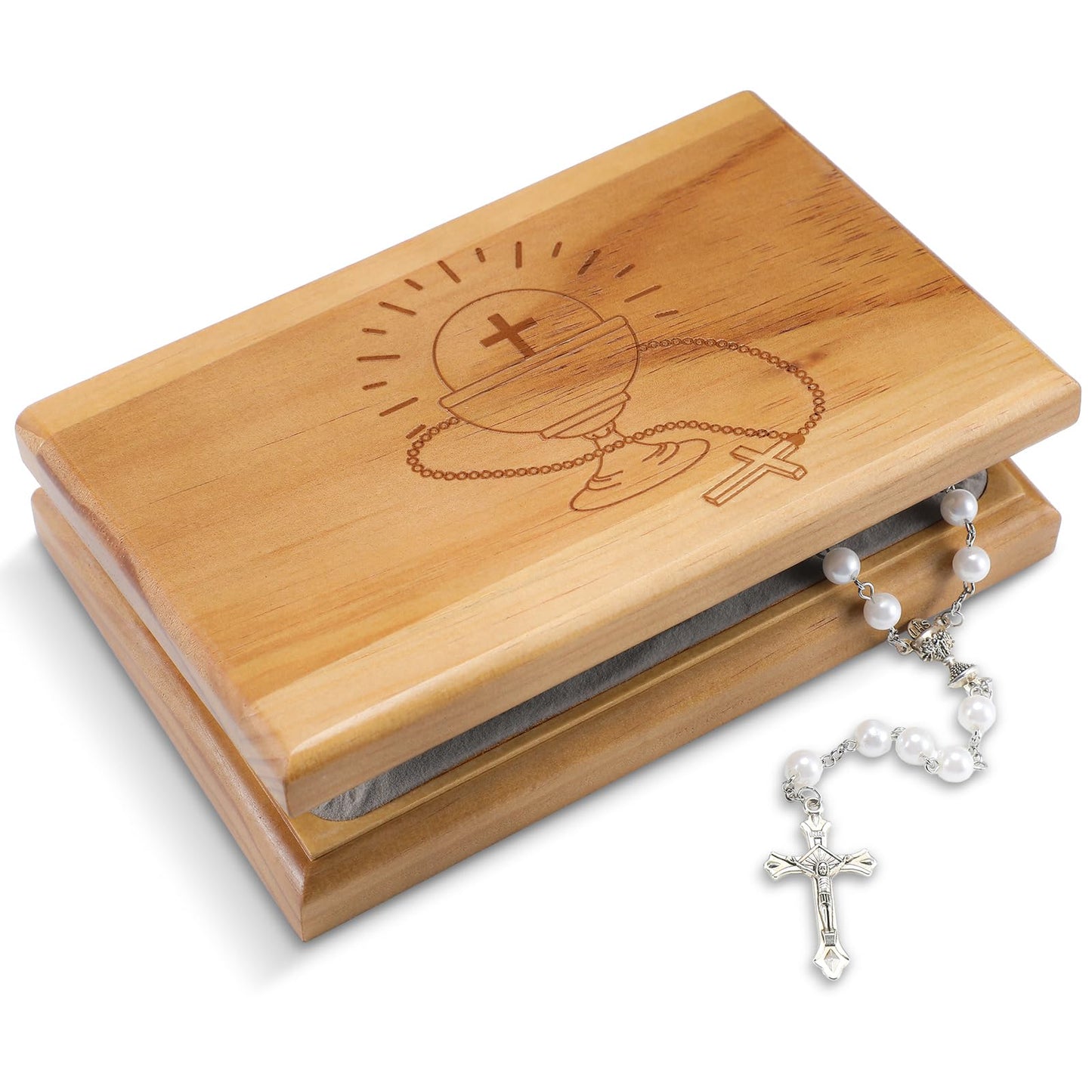 Threehoney First Communion Valet Box Wooden Jewelry Box with Felt Lining 7.5 x 4.7 x 1.6 Inch Personalized First Holy Communion Gifts for Religious Keepsakes and Rosary Beads Storage