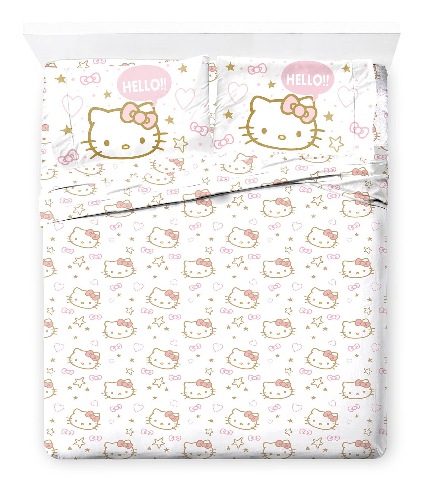 Jay Franco Sheet Set with Fitted, Flat Sheets & Pillow Cover - Ultra-Soft Bedding with Pillowcase for Room Decor, Pink - Hello Kitty, 4 Piece Queen