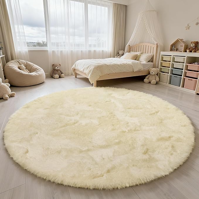 yulidayang Fluffy Round Area Rugs for Bedroom,Ivory 3'X3'Shag Circle Area Rugs for Girls Room,Non Slip Fuzzy Plush Rug for Kids Room Living Room and Dorm Home Rug