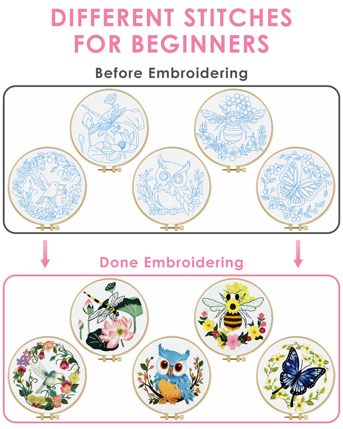 TINDTOP Embroidery Kit for Beginners Adult, Owl Embroidery Kit for Beginners Include Embroidery Cloth Hoops Threads for Craft Lover Hand Stitch with Embroidery Skill Techniques