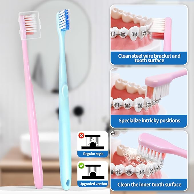 Orthodontic Care Travel Kit | V-Shape Toothbrush with Soft Bristles, Interdental Brushes, Orthodontic Wax, and Breathable Case | Portable Dental Kit for Braces and Aligners(PINK)