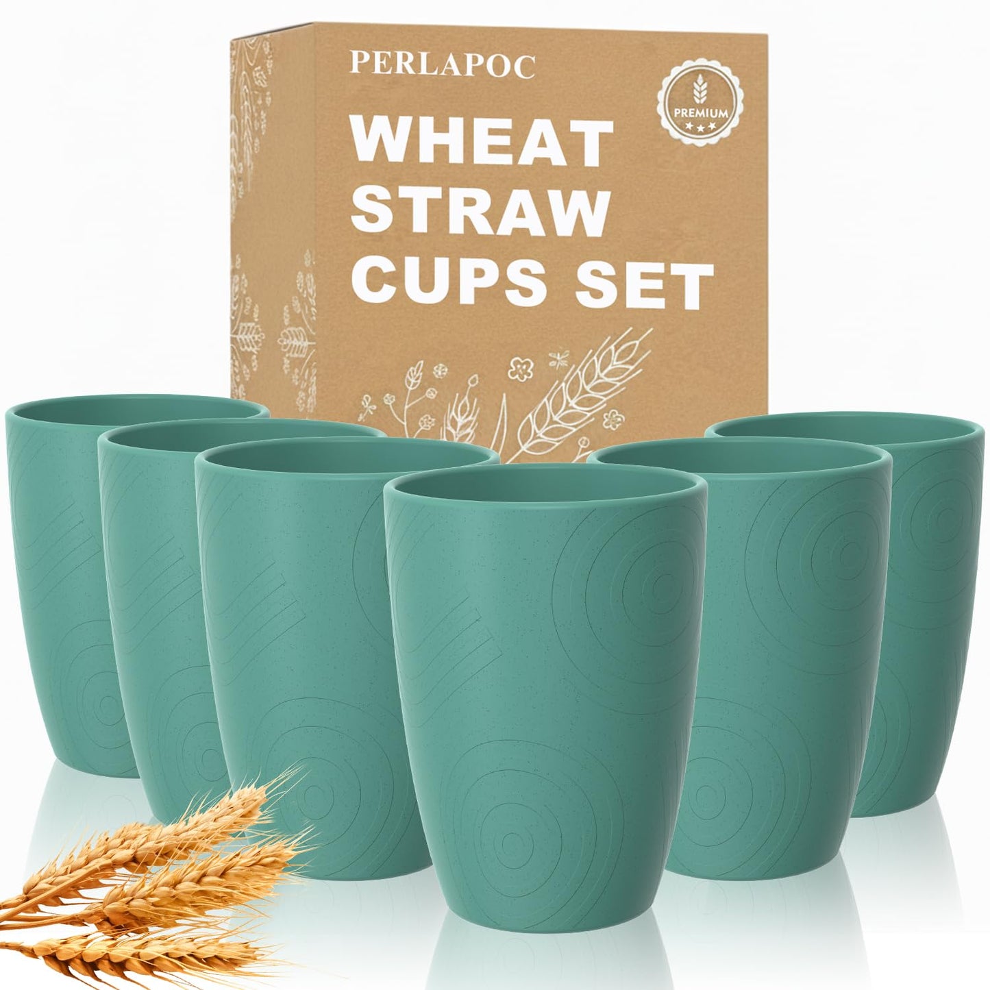 Perlapoc Reusable Wheat Straw Cups 6 PCS, Unbreakable 16 OZ Plastic Cup Alternative, Dishwasher Safe Drinking Glasses for Indoor & Outdoor Use, Green