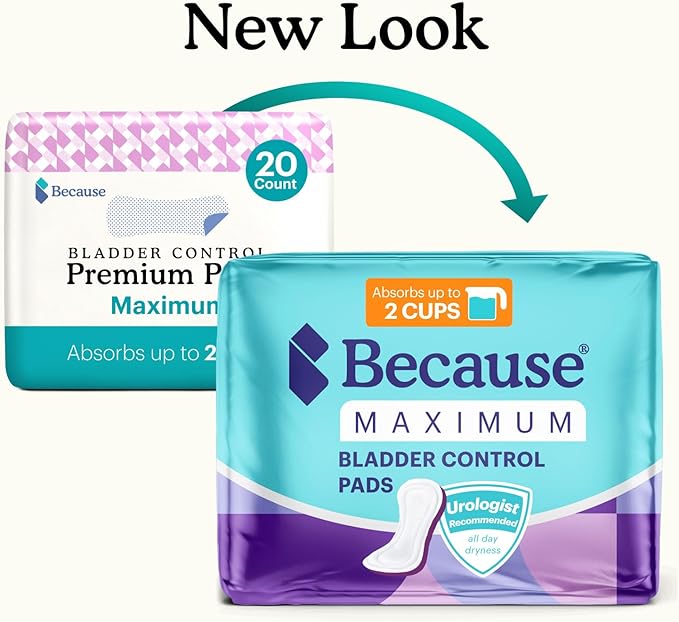 Because Incontinence Pads for Women - Maximum Absorbency, Postpartum Liners, Up to 100% Leak-Free Protection, Discreet Protection for Bladder Leaks, 20 Count