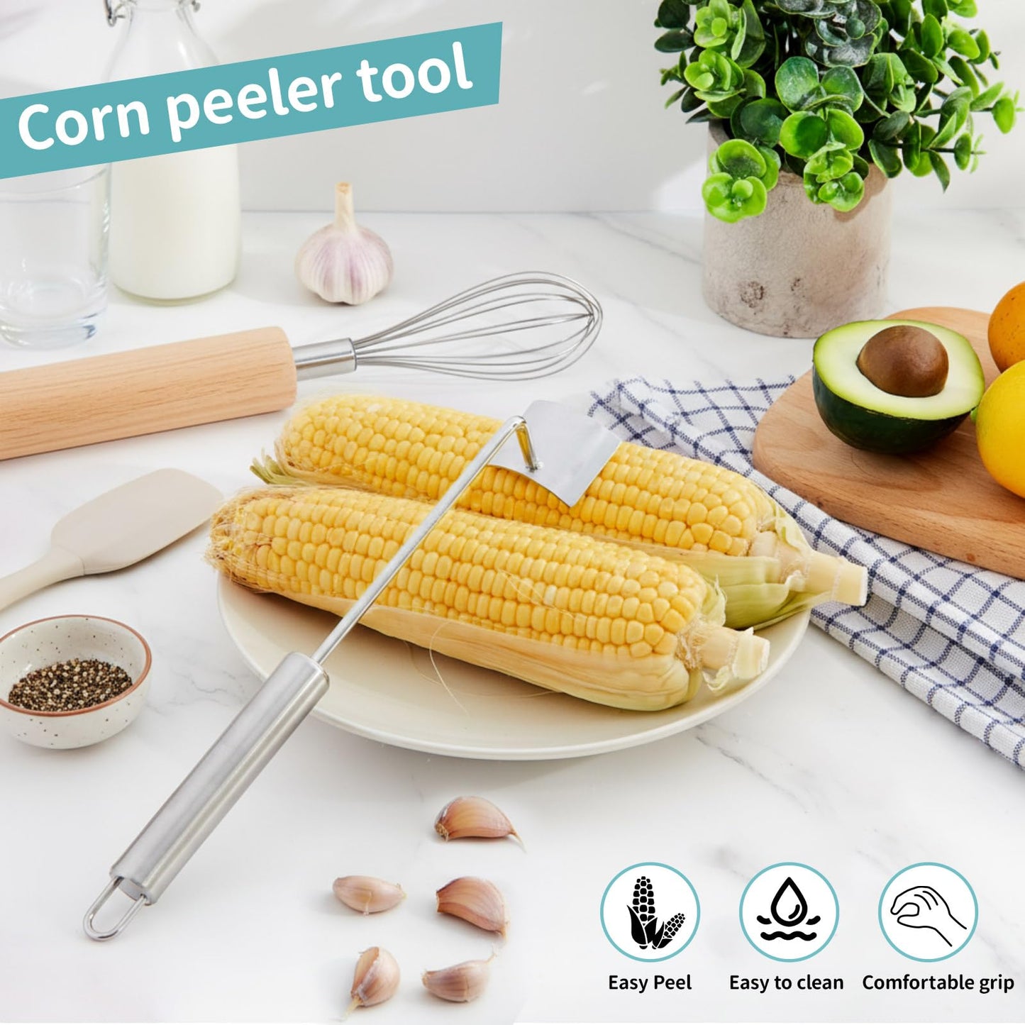 LemonRoad 4 Pcs Corn Cob Stripper, Long Handle Stainless Steel Stripping Tool, Corn on The Cob Remover, Fast and Safe, Suitable for Home Kitchens, Restaurant, Outdoor Bbqs Dining Enthusiasts