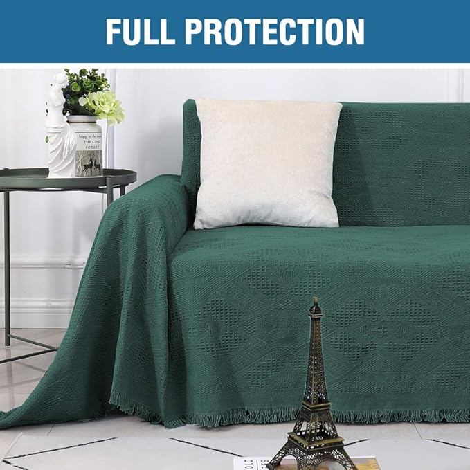 H.VERSAILTEX Cotton Sofa Covers Couch Cover Sofa Slipcover for Most Shape Sofas, Feature Thick Woven Jacquard Seamless with Tassels, Multi-Use Decorative for Couch (X-Large: 71" x 118", Green)