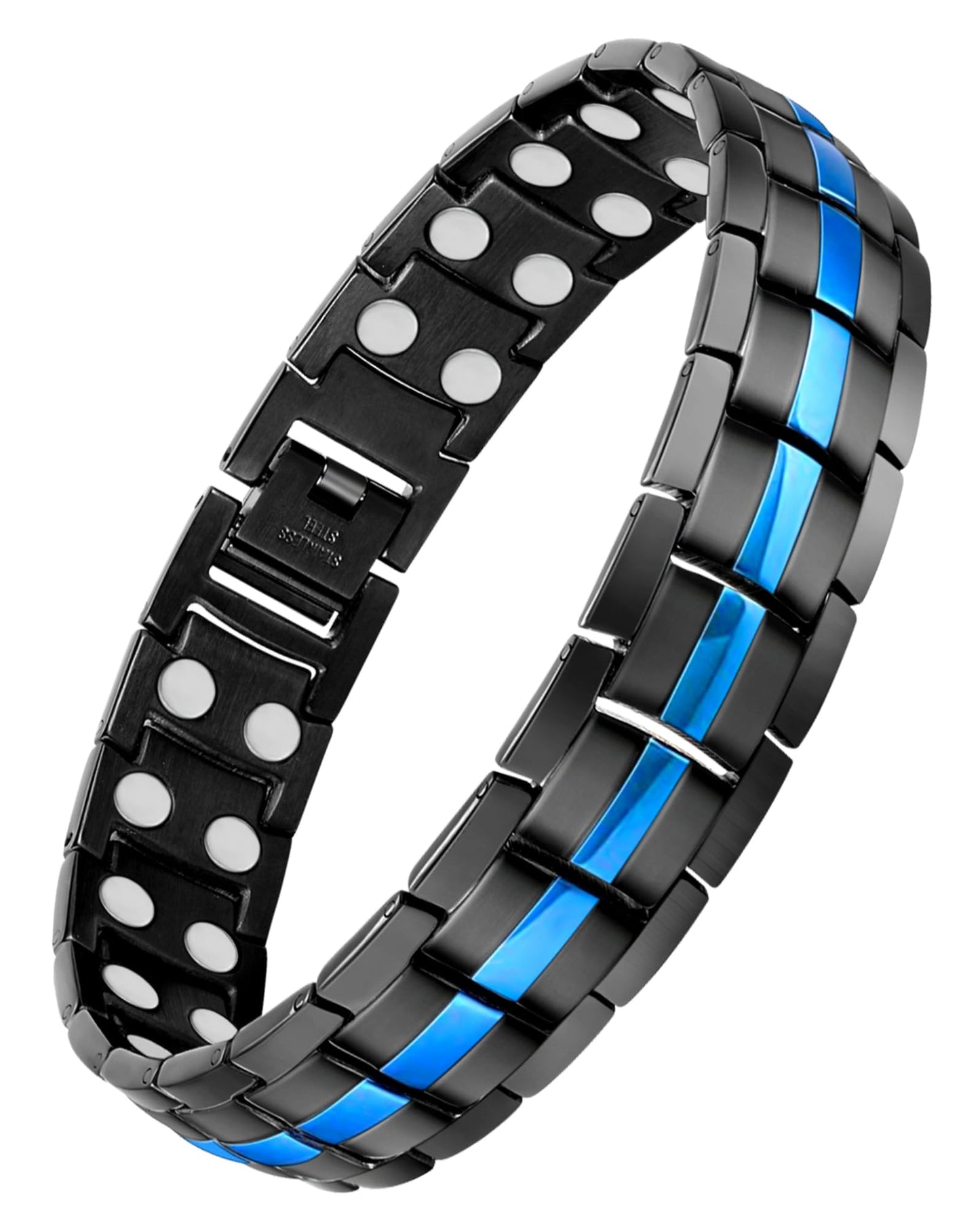 Feraco Magnetic Bracelet for Men Titanium Steel Bracelets with Double Row Magnets Adjustable (Black & Blue)