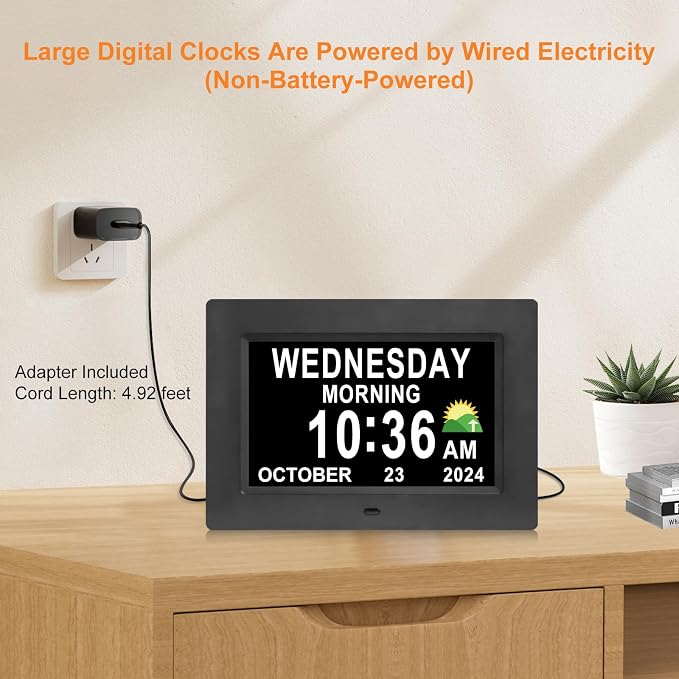 SSINI Digital Calendar Dementia Alarm Clock with Day and Date for Elderly - 15 Alarms 5 Colors Display Large Display Alzheimers Clock Large Digital Clock for Seniors (7in Black)