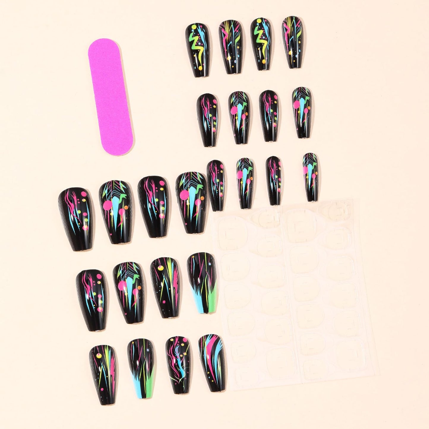 Neon Press on Nails Esports Acrylic Full Cover Fake Nails 24Pcs Glossy Colorful Medium Coffin False Nail Curve Line Gel Glue on Fingernails Graffiti Stick on Nail for Holiday Manicure Art