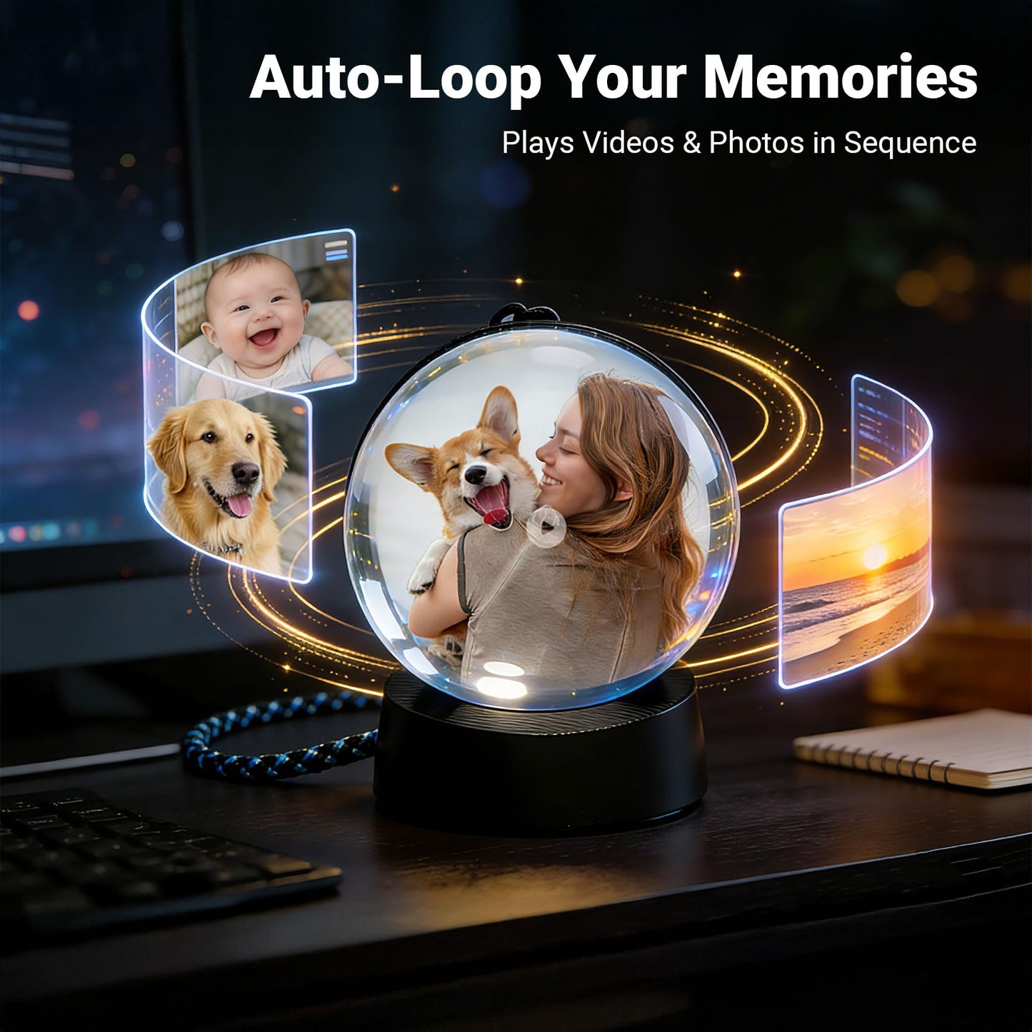 Sniegauu Memory Orb Ball – 2.7" Crystal Video Orb, USB Upload Photos & Videos, Auto Loop Playback, Personalized Gift for Couples, Anniversary, Birthday, Wedding & Mother's Day (Mac & Windows)