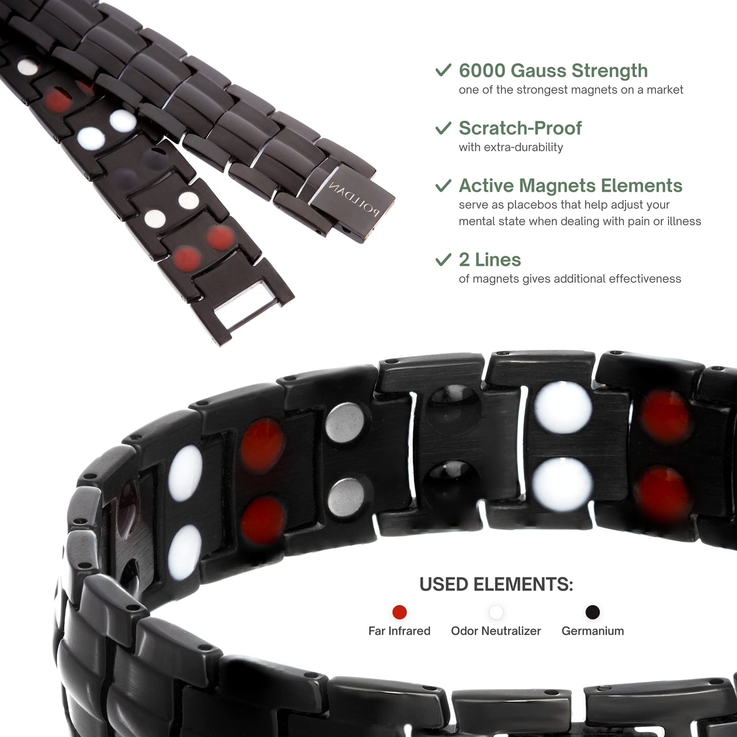 POLLDAN® 3X Power Magnetic Bracelets For Men | 6200 Gauss Strength Mens Titanium Bracelet with Fold-Over Clasp, Adjustable Length, Gift Box, Sizing Tool | Innovative Magnets Alloy - Patent (2X Black)