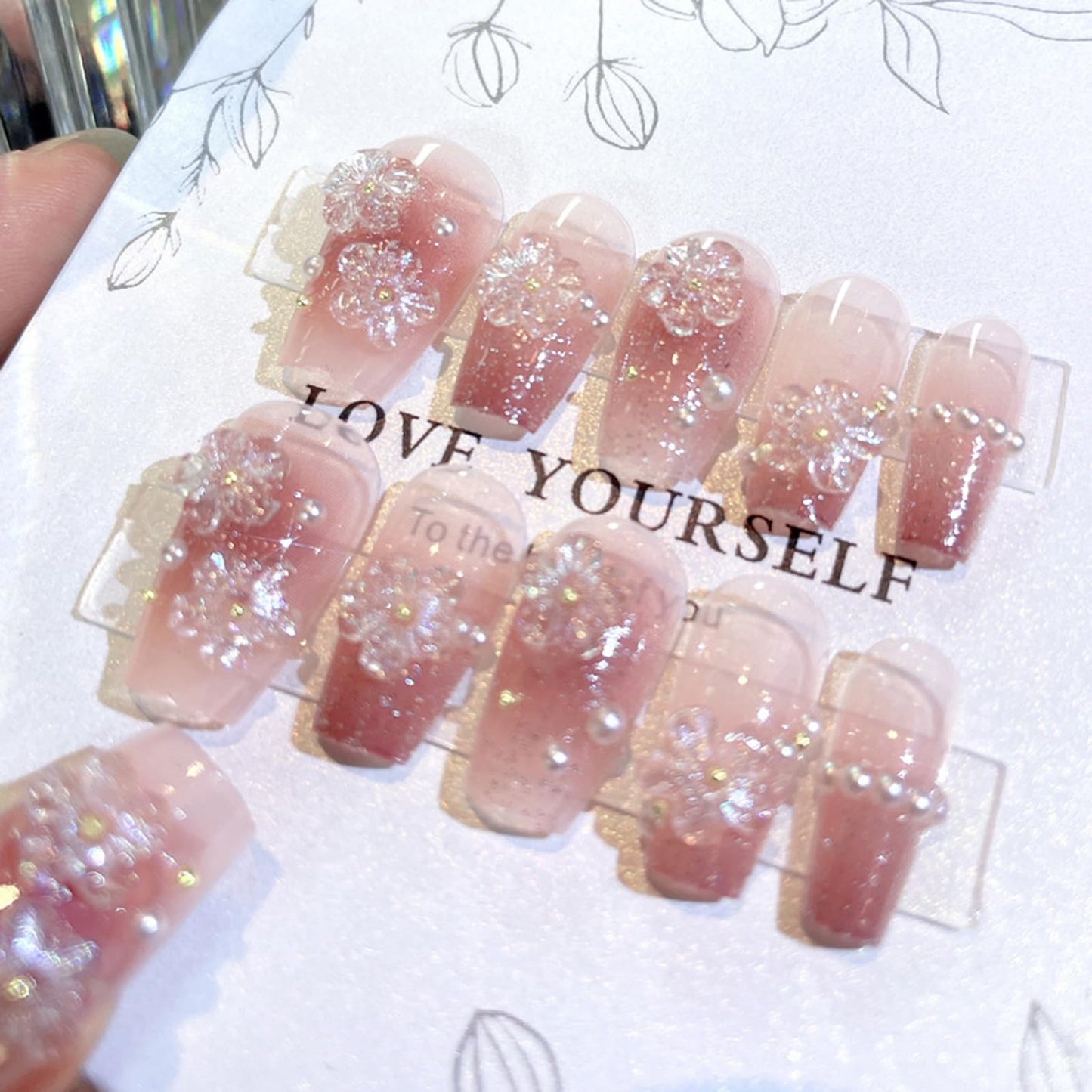 SINHOT Luxury Press on Nails - Medium Coffin Fake Nails 3D Handmade Flower & Pearls Reusable False Nails with Rhinestone Designs,DIY Artificial Nail Art, 24pcs