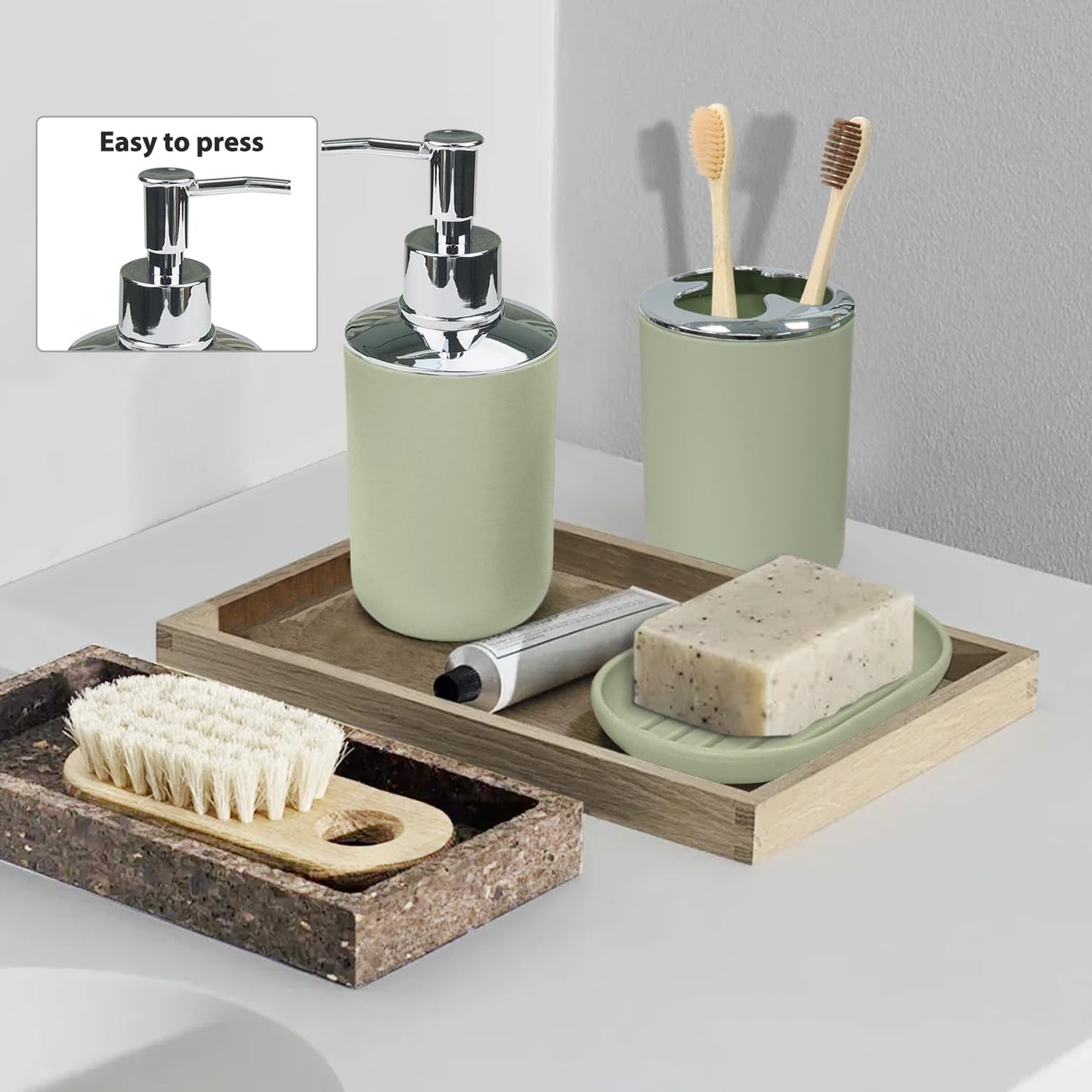 CERBIOR Bathroom Accessories Set 6 Piece Bath Ensemble Includes Soap Dispenser, Toothbrush Holder, Toothbrush Cup, Soap Dish for Decorative Countertop and Housewarming Gift (Green)