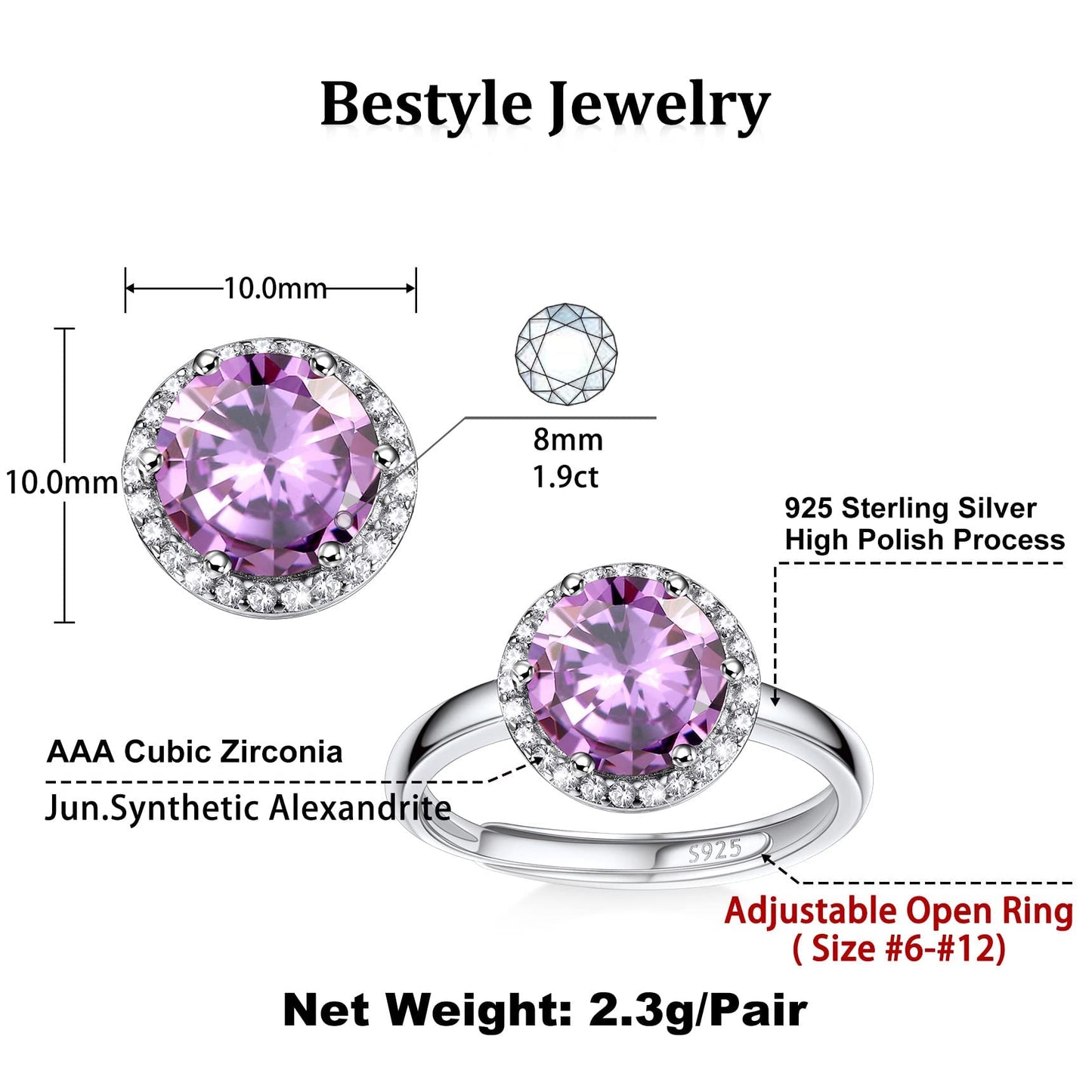 Bestyle Flattering June Alexandrite Round Crystal Rings Cubic Zirconia Rings for Women Dainty 925 Sterling Silver Hypoallergenic Adjustable Rings Size #6-#12