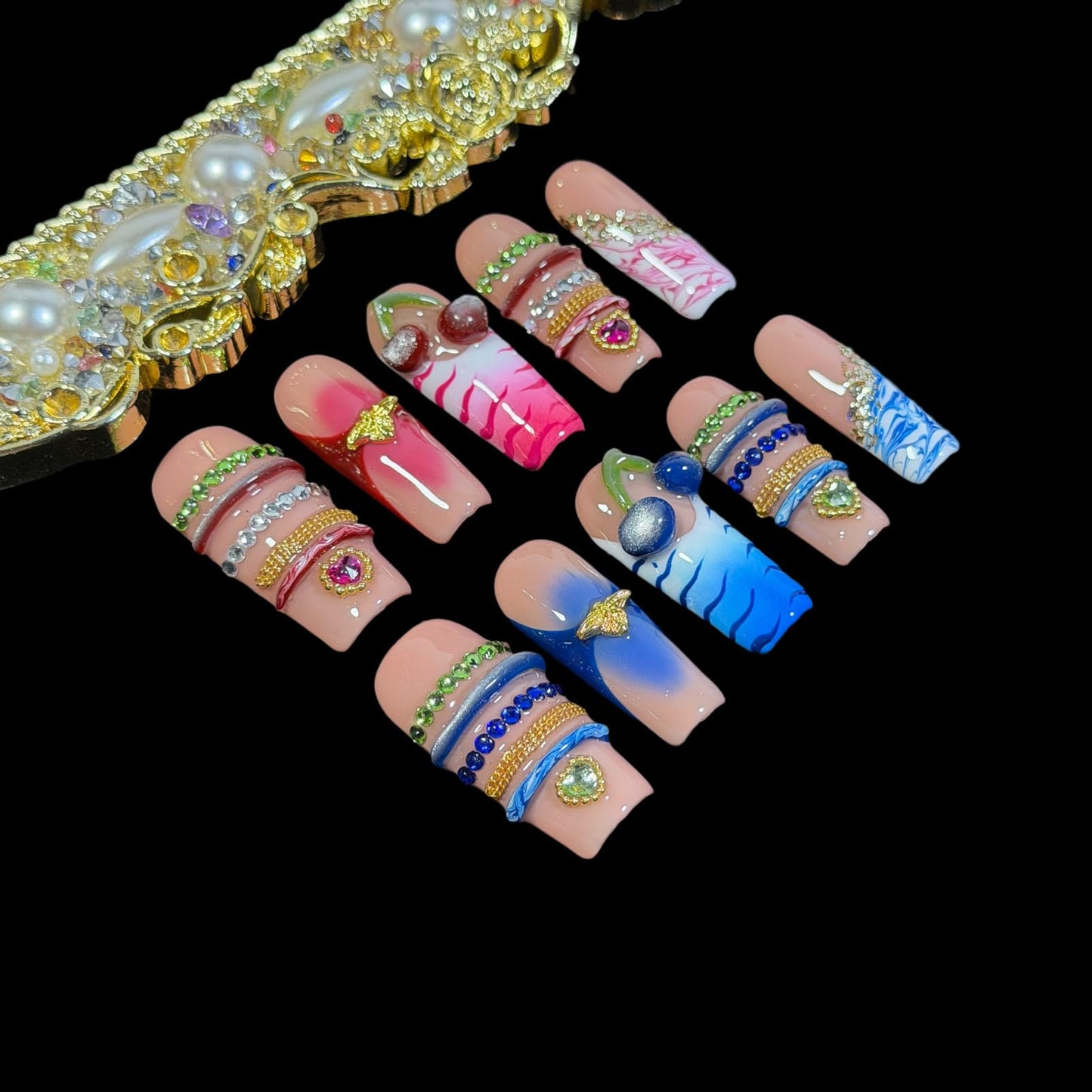 3D Cherry Handcrafted Press On Nails, Long/Medium Square, Gradient & Marble Accents, Reusable Acrylic False Nails, Duo-Tone (L)